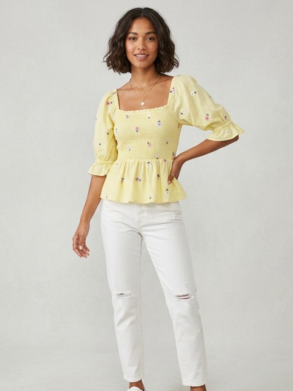 white birch Yellow Floral Smocked Peplum Blouse